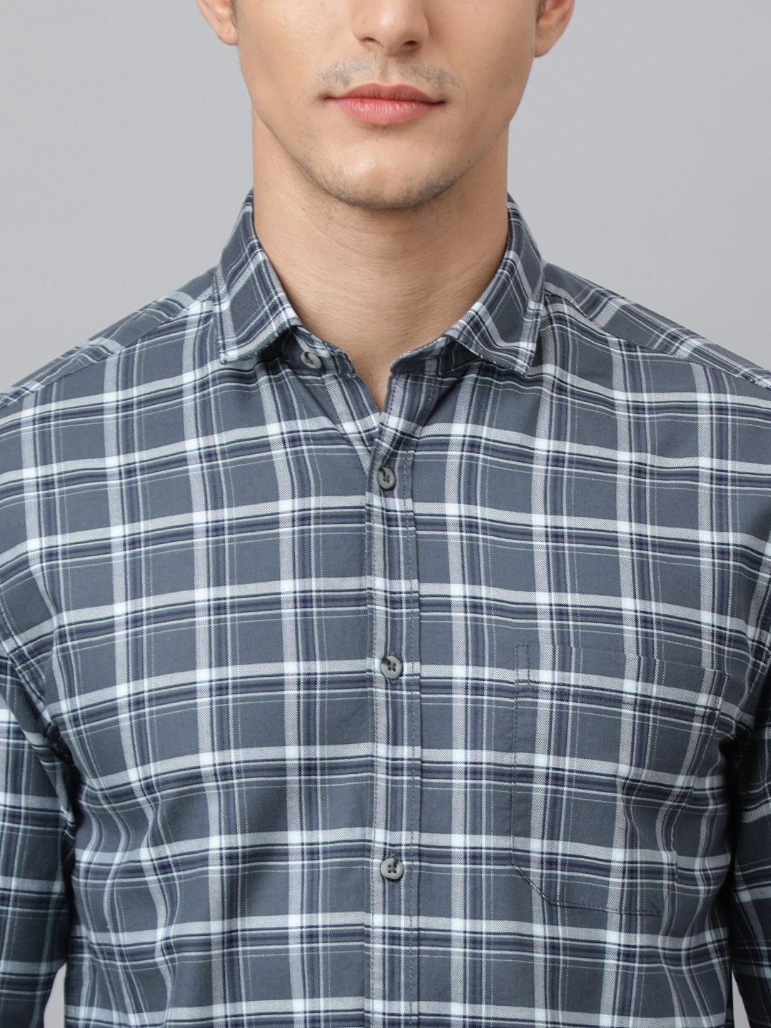 Men Grey Slim Fit Checkered Casual Shirt