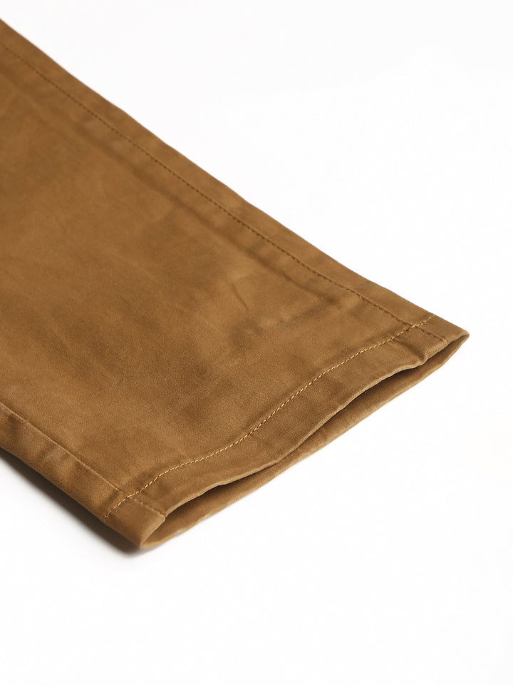 Men Dark Khaki  Slim Fit Mid Rise Solid Casual Trouser