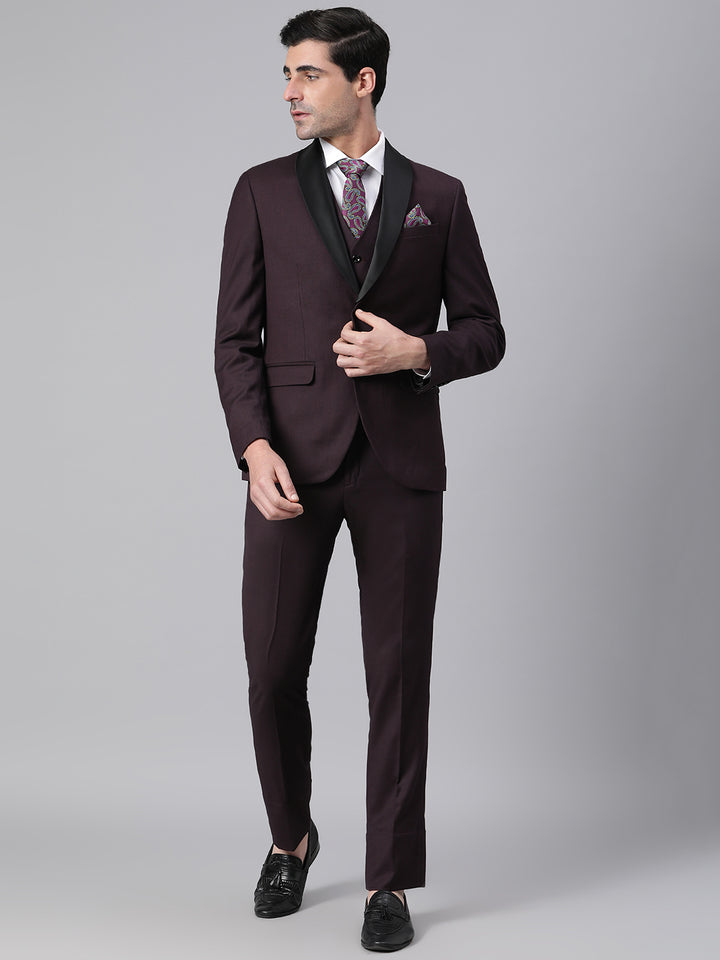 Men Wine 3 Piece Solid Formal Suit with a detachable lapel