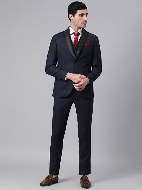 Men Navy 3 Piece Checkered Formal Suit with a detachable lapel