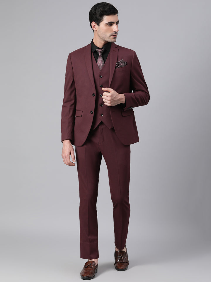 Men Wine 3 Piece Solid Formal Suit