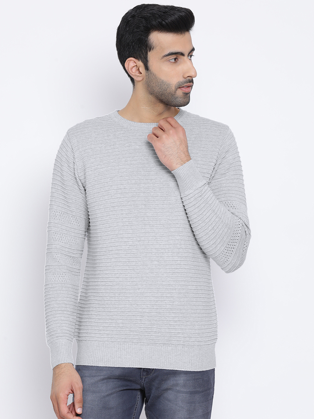 Men Light Grey Regular Fit Round Neck Full Sleeve Sweater