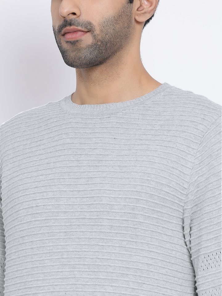 Men Light Grey Regular Fit Round Neck Full Sleeve Sweater